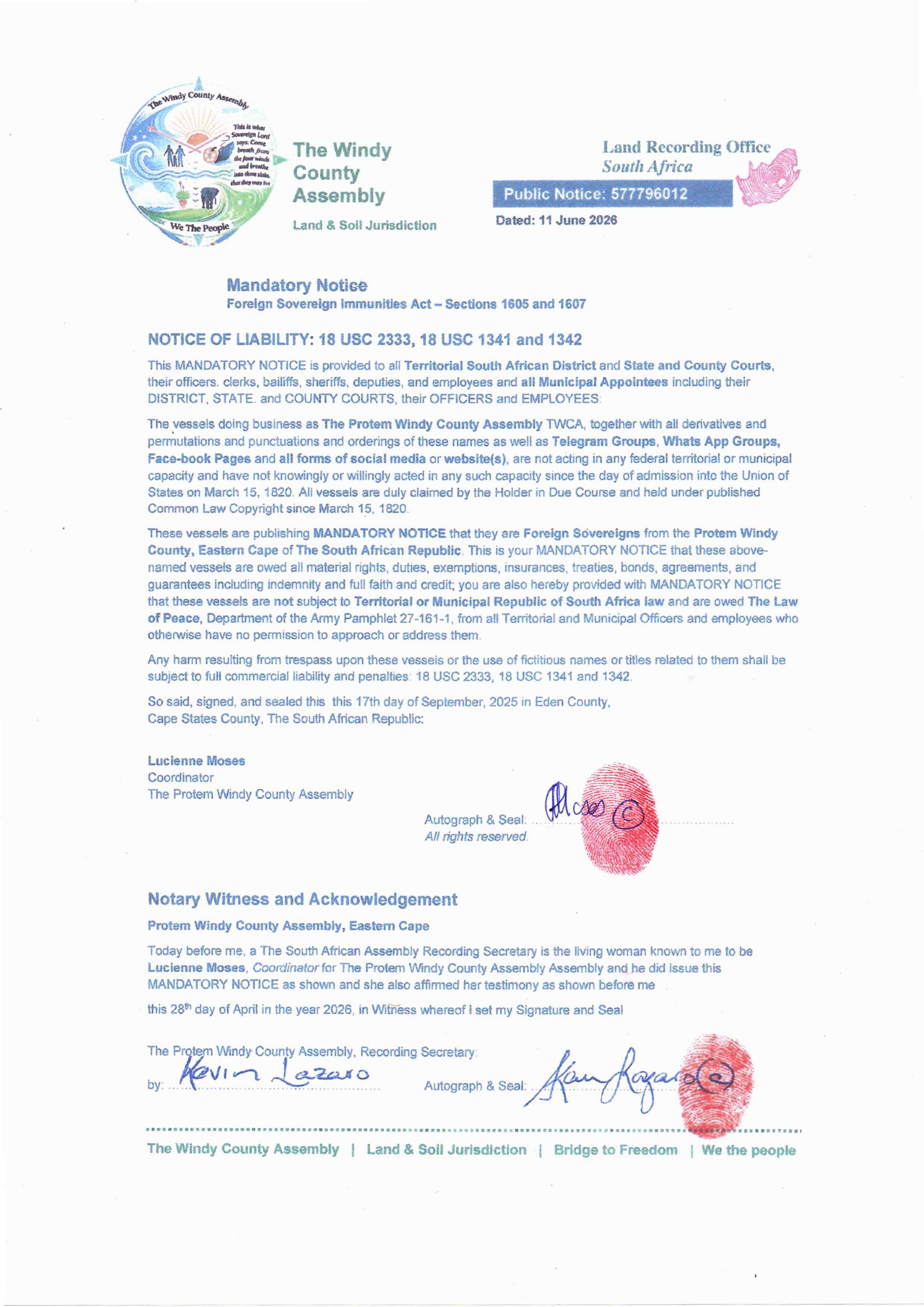 Public Notice The Windy county - Recording number 577796012 Mandatory Notice